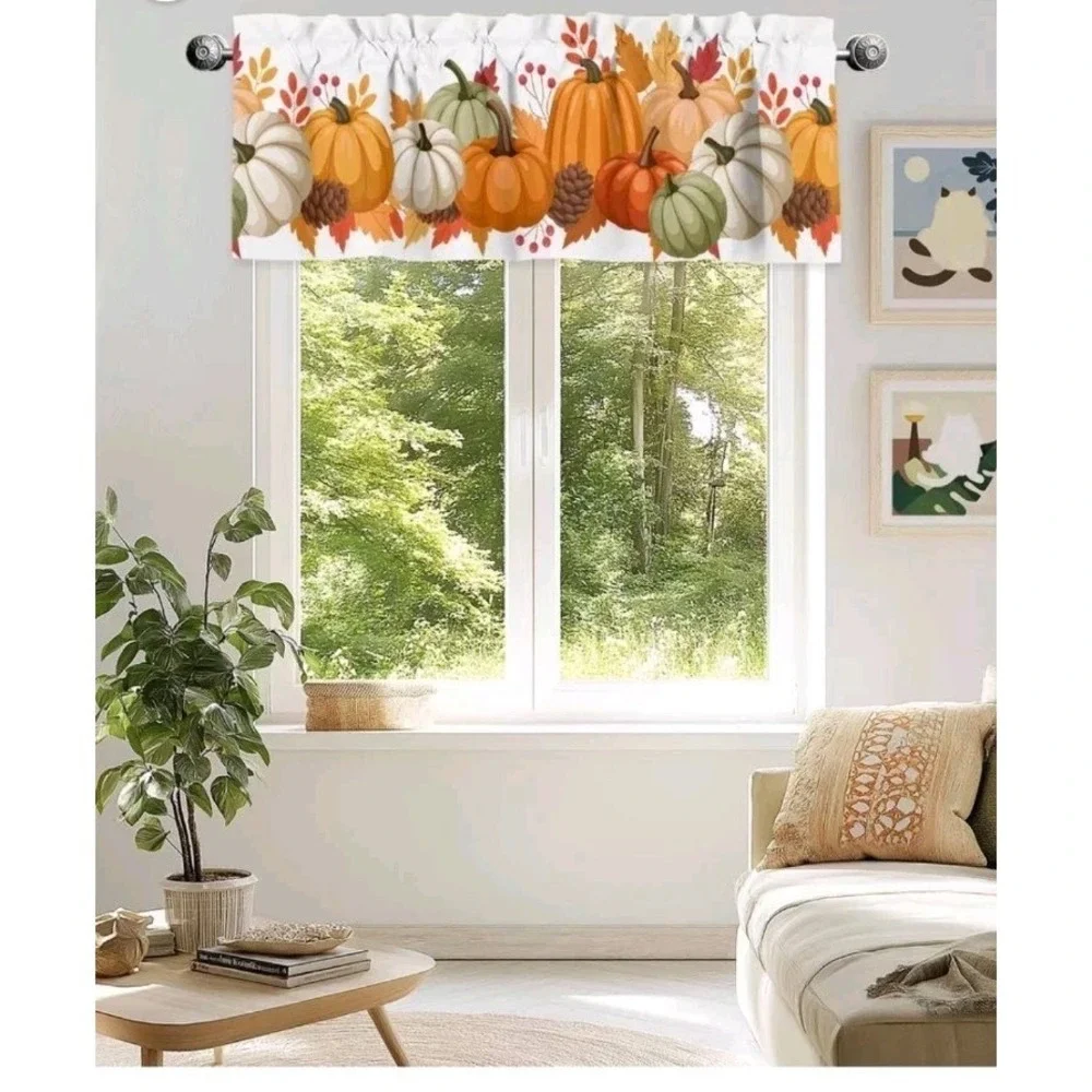 Fall Valance Curtains Harvest Pumpkin Leaf Rod Pocket Kitchen 54x18 Inch